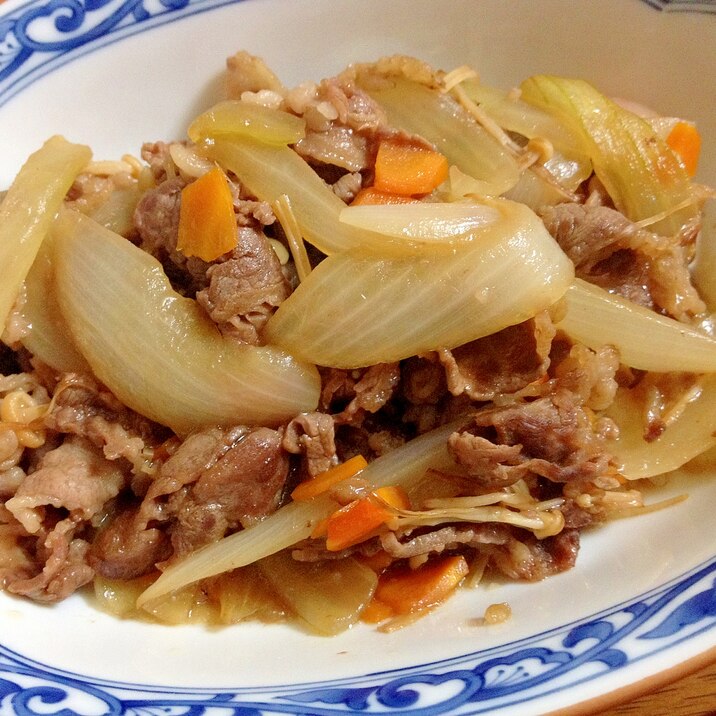 新玉ねぎ牛肉人参えのきのすき焼き風 レシピ 作り方 By Mi 6352 楽天レシピ